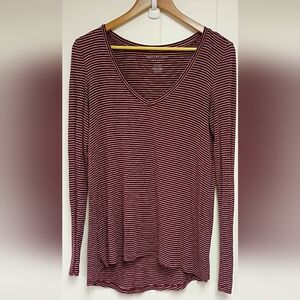 American Eagle Women's Burgundy Striped Long Sleeve Tee